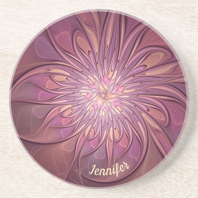 Abstract Modern Floral Fractal Berry Colors Name Coaster (Front)