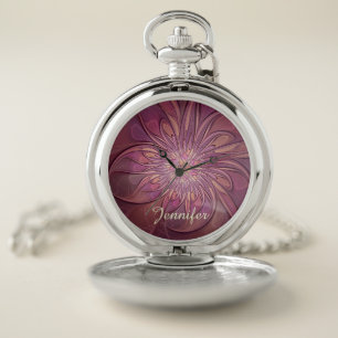 Abstract Modern Floral Fractal Berry Colors Name Pocket Watch