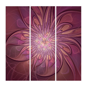 Abstract Modern Floral Fractal Berry Colors Triptych