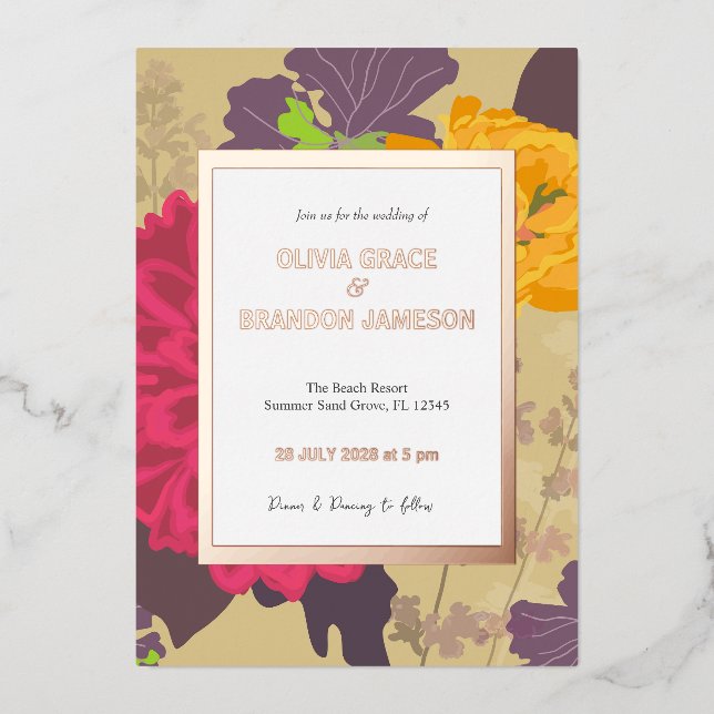 Abstract Modern Floral Wedding Gold  Foil Invitation (Front)