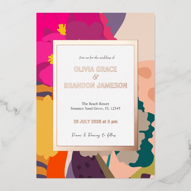 Abstract Modern Floral Wedding Gold  Foil Invitation (Front)