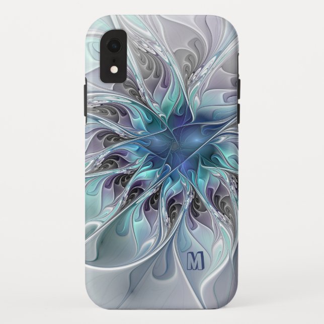 Abstract Modern Fractal Flower With Blue Monogram Case-Mate iPhone Case (Back)