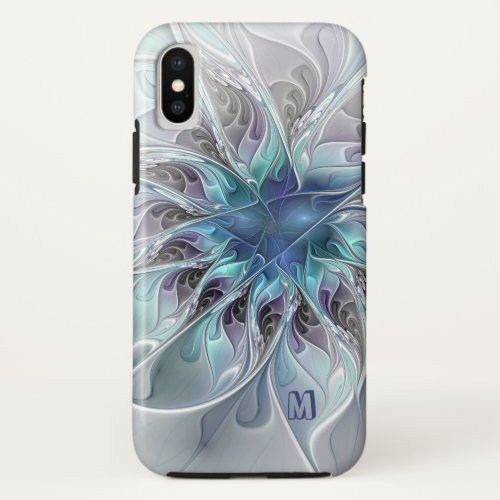 Abstract Modern Fractal Flower With Blue Monogram iPhone X Case