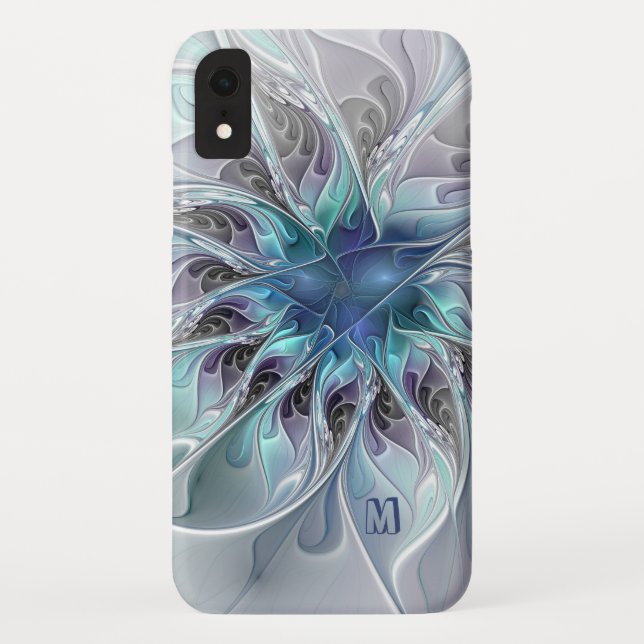 Abstract Modern Fractal Flower With Blue Monogram Case-Mate iPhone Case (Back)
