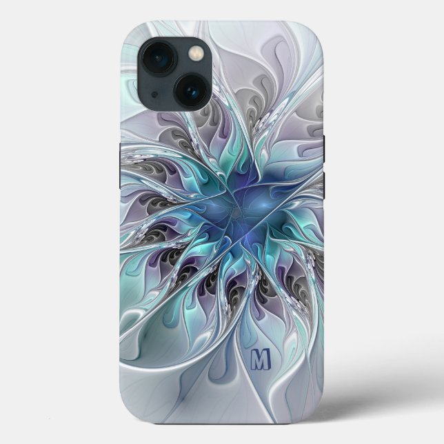 Abstract Modern Fractal Flower With Blue Monogram Case-Mate iPhone Case (Back)