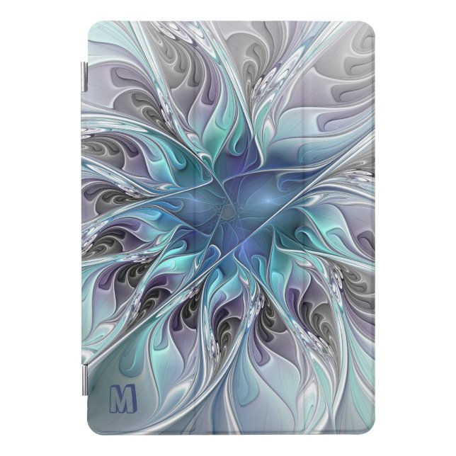 Abstract Modern Fractal Flower With Blue Monogram iPad Pro Cover (Front)