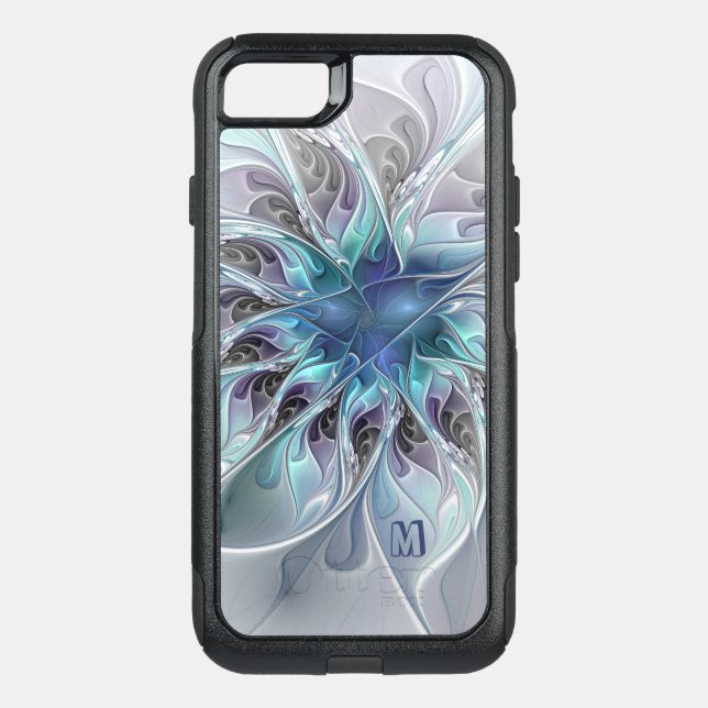 Abstract Modern Fractal Flower With Blue Monogram Otterbox iPhone Case (Back)