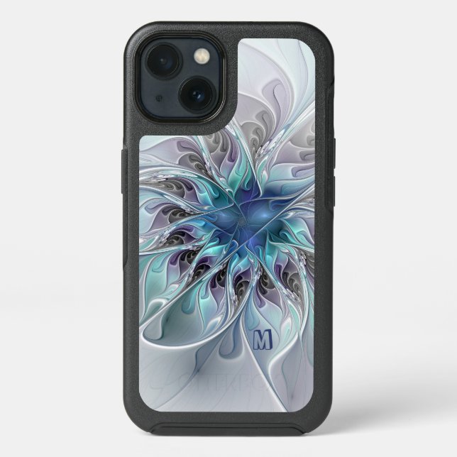 Abstract Modern Fractal Flower With Blue Monogram Otterbox iPhone Case (Back)