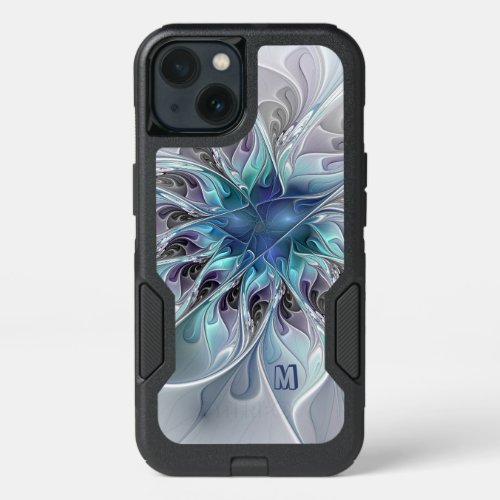 Abstract Modern Fractal Flower With Blue Monogram iPhone 13 Case