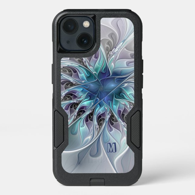 Abstract Modern Fractal Flower With Blue Monogram Otterbox iPhone Case (Back)
