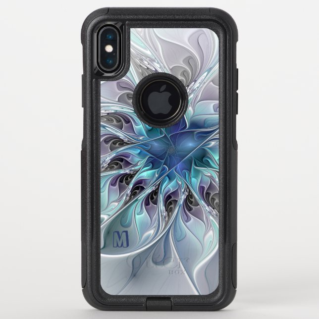 Abstract Modern Fractal Flower With Blue Monogram Otterbox iPhone Case (Back)