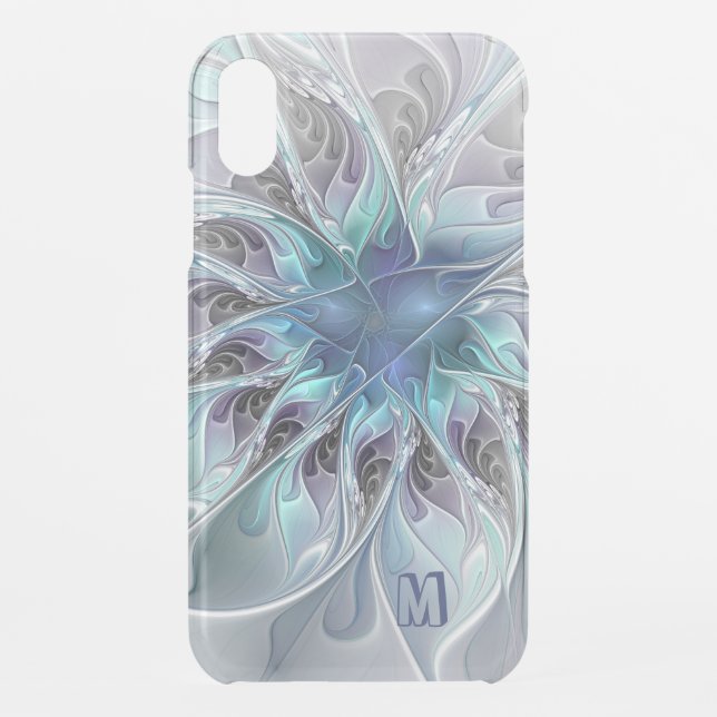Abstract Modern Fractal Flower With Blue Monogram Uncommon iPhone Case (Back)
