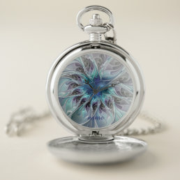 Abstract Modern Fractal Flower With Blue, Name Pocket Watch