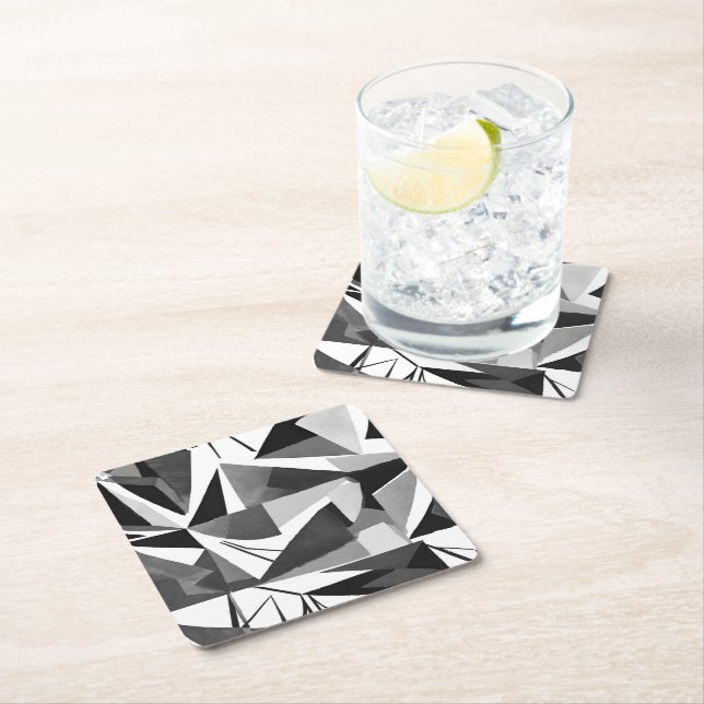 Abstract Modern Geometric Black & White Watercolor Square Paper Coaster (Insitu)