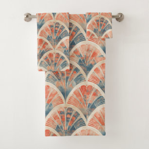 abstract modern geometric Coral and Blue Bath Towel Set