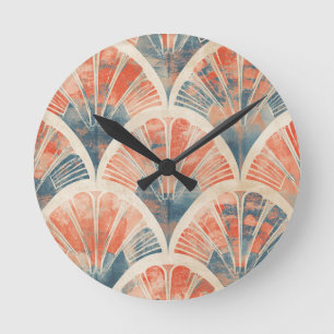 abstract modern geometric Coral and Blue Round Clock
