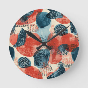 abstract modern geometric Coral and Blue Round Clock