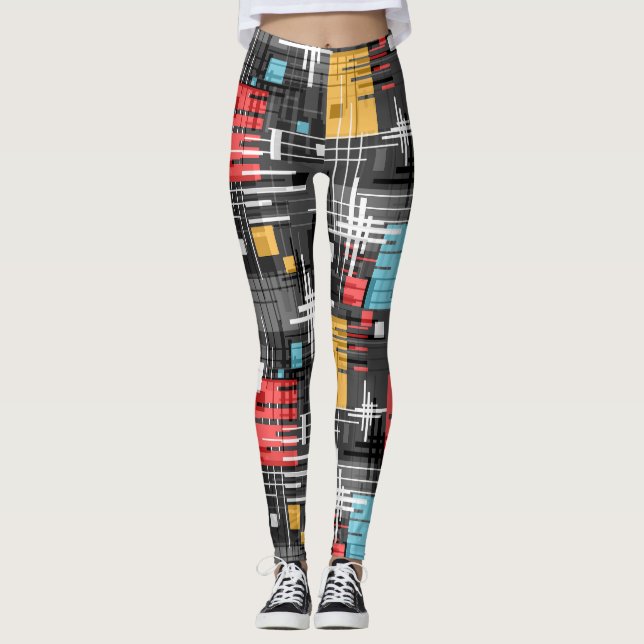 Abstract modern geometric shapes striped lined rec leggings (Front)