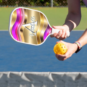 Abstract Modern Gold Silver & Pink Waves Pickleball Paddle