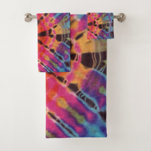 Abstract Modern Hot Pink Blue Black Batik Tie Dye Bath Towel Set