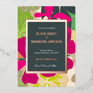 Abstract Modern Hot Pink Floral Wedding Gold Foil Invitation