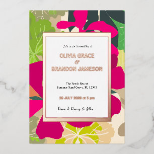 Abstract Modern Hot Pink Floral Wedding Gold Foil Invitation