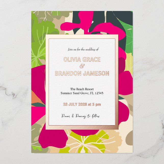 Abstract Modern Hot Pink Floral Wedding Gold  Foil Invitation (Front)