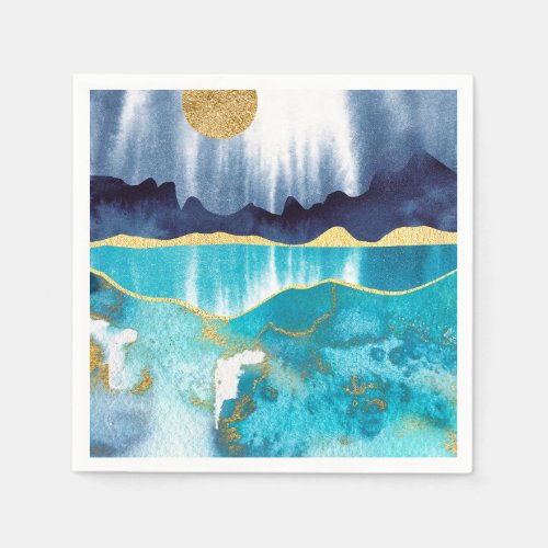Abstract Modern Landscape Painting Blue And Gold Napkins