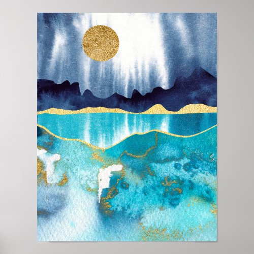 Abstract Modern Landscape Painting Blue And Gold Poster