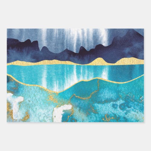Abstract Modern Landscape Painting Blue And Gold Wrapping Paper Sheets