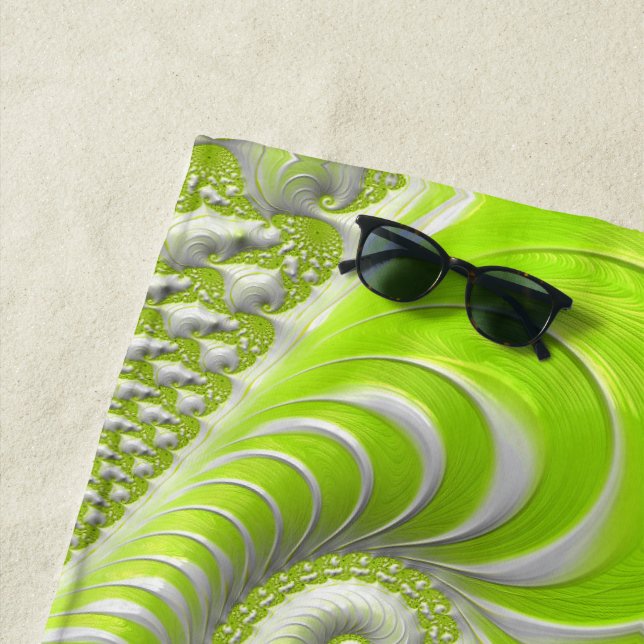 Abstract Modern Lime Green Spiral Fractal Beach Towel (In Situ)