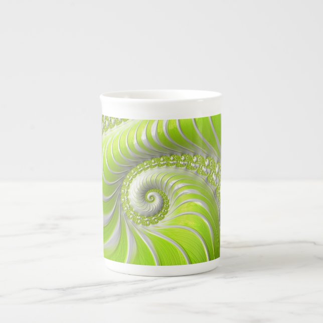 Abstract Modern Lime Green Spiral Fractal Bone China Mug (Front)