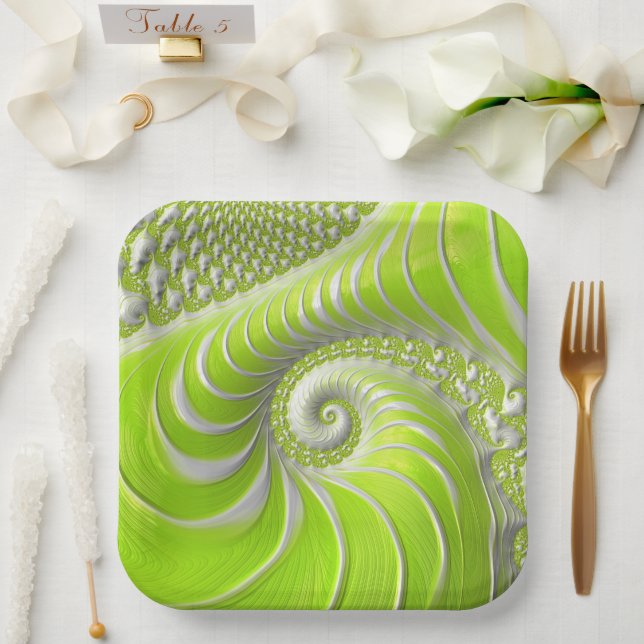Abstract Modern Lime Green Spiral Fractal Paper Plates (Wedding)