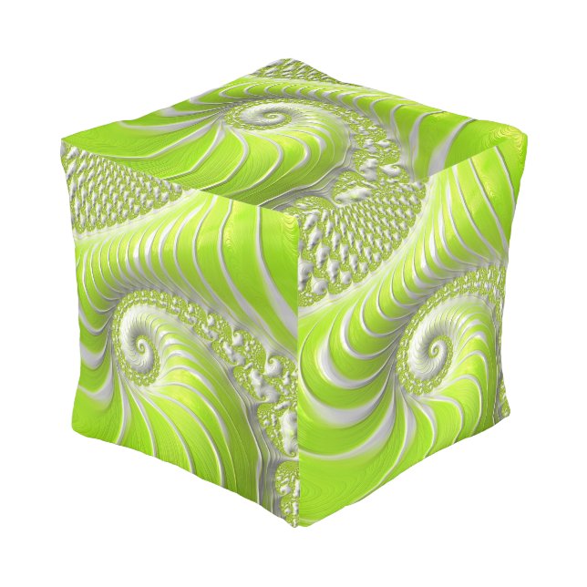Abstract Modern Lime Green Spiral Fractal Pouf (Angled Front)