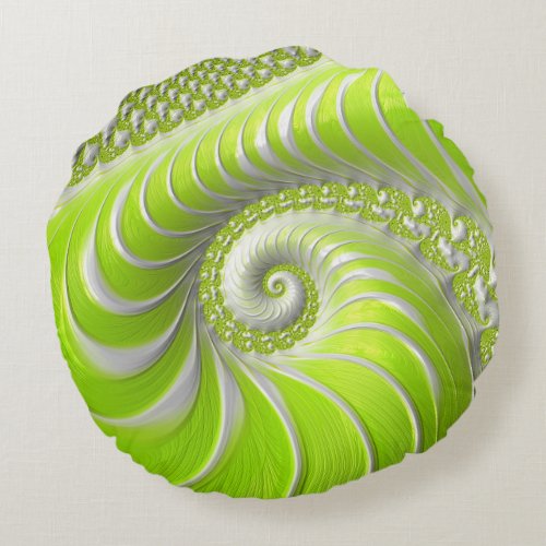 Abstract Modern Lime Green Spiral Fractal Round Pillow
