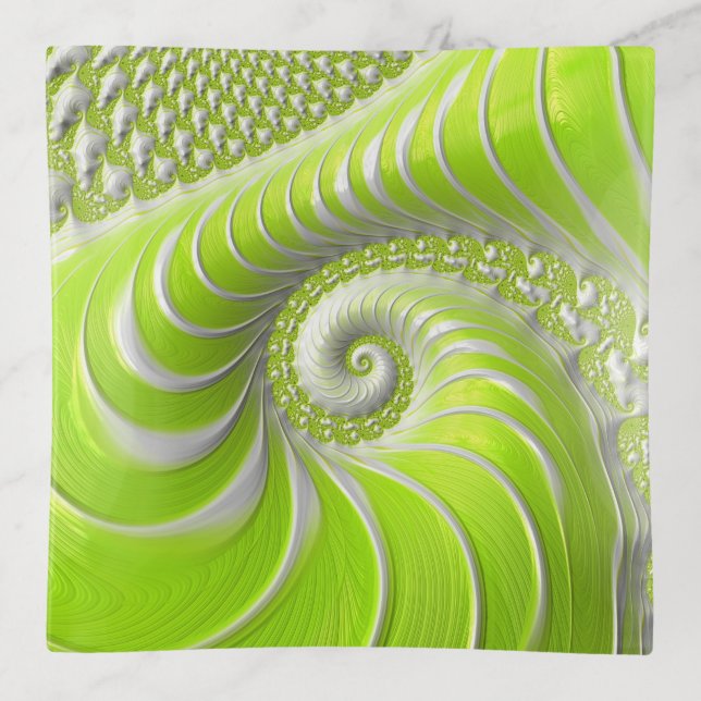 Abstract Modern Lime Green Spiral Fractal Trinket Tray (Front)