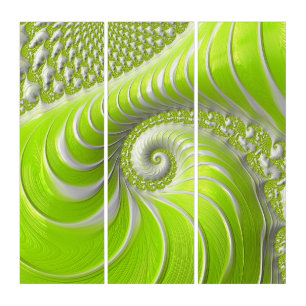 Abstract Modern Lime Green Spiral Fractal Triptych