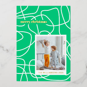 Abstract Modern Line Art Green Custom Photo Gold Foil Holiday Card