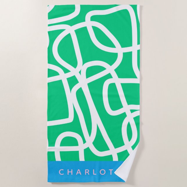 Abstract Modern Line Art in Green Personalized Beach Towel (Front)