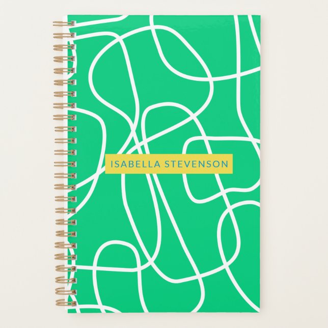 Abstract Modern Line Art in Green Personalized  Planner (Front)