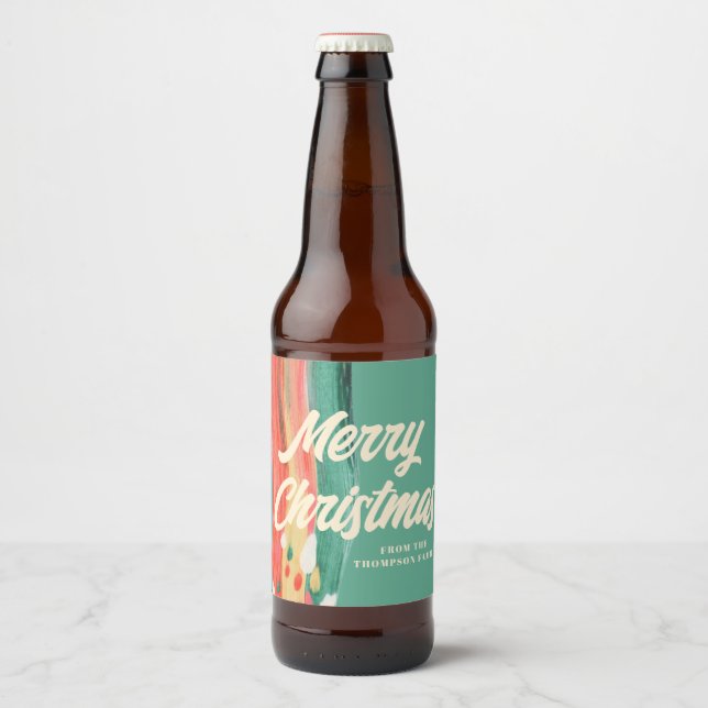 Abstract Modern Merry Christmas Personalized Name Beer Bottle Label (Front)