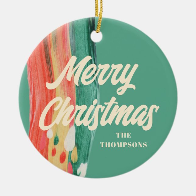 Abstract Modern Merry Christmas Personalized Name Ceramic Ornament (Front)