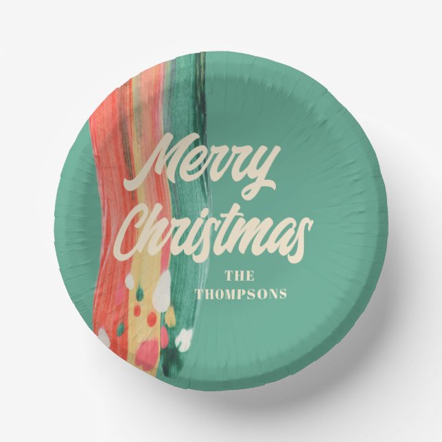 Abstract Modern Merry Christmas Personalized Name Paper Bowls (Front)