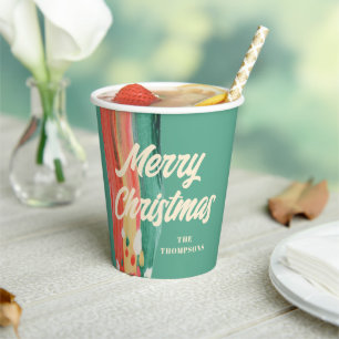 Abstract Modern Merry Christmas Personalized Name Paper Cups