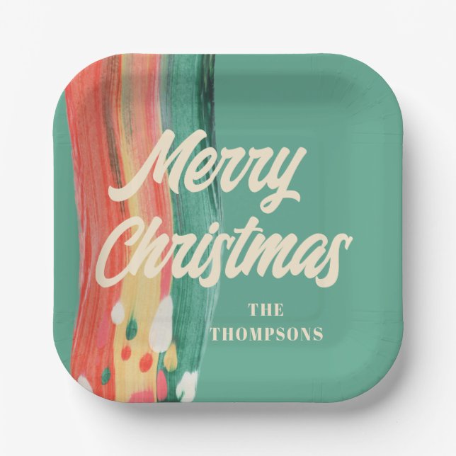 Abstract Modern Merry Christmas Personalized Name Paper Plates (Front)