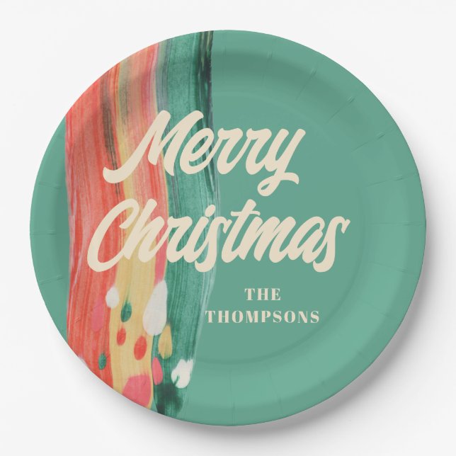 Abstract Modern Merry Christmas Personalized Name Paper Plates (Front)