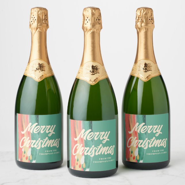 Abstract Modern Merry Christmas Personalized Name Sparkling Wine Label (Bottles)