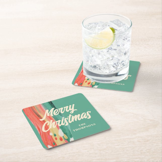 Abstract Modern Merry Christmas Personalized Name Square Paper Coaster (Insitu)