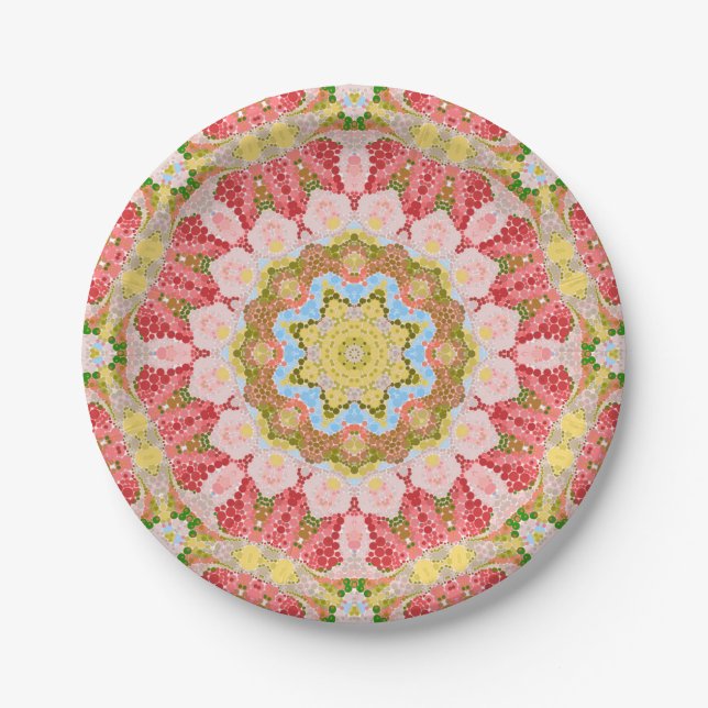 Abstract modern mosaic kaleidoscopic tile pattern paper plates (Front)