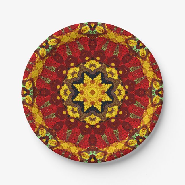 Abstract modern mosaic kaleidoscopic tile pattern paper plates (Front)